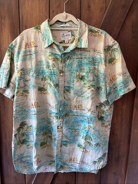 Lucky Brand Light Blue Tropical Island Print Linen Button-Up